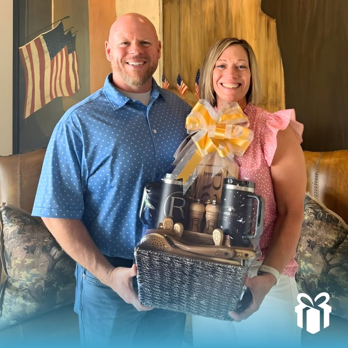 A happy client holding their personalized Thankful gift basket